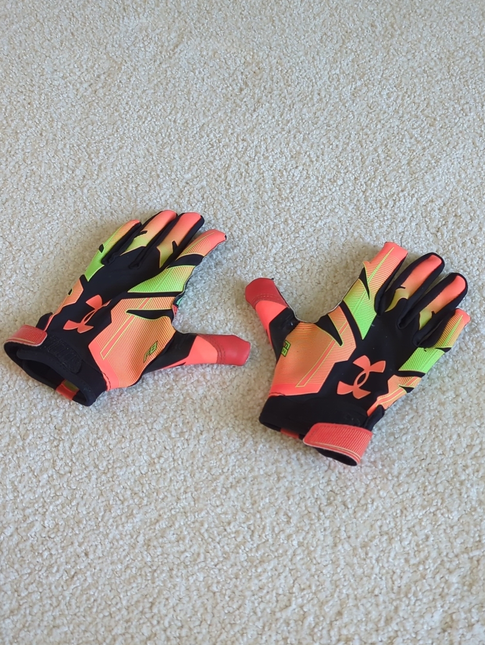 3 For $30. Under Armour Kids Neon Orange and Lime Green Football Gloves